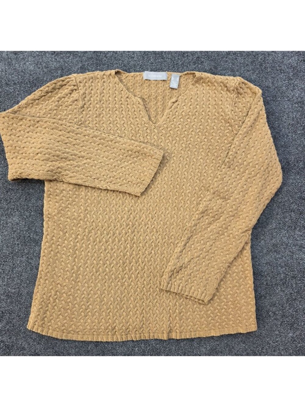 Liz Claiborne XL Cotton Cable Knit V Neck Sweater Tan Quiet Luxury Old Money